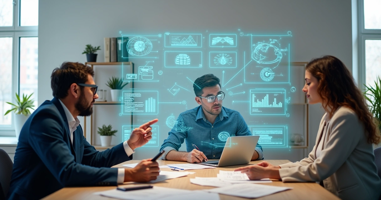 Empresários analisando painel de inteligência artificial com foco em pequenos negócios 