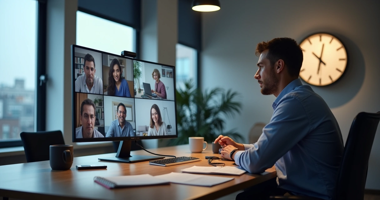 Vendedor sozinho em vídeo conferência, olhando tela vazia, expressão de frustração 
