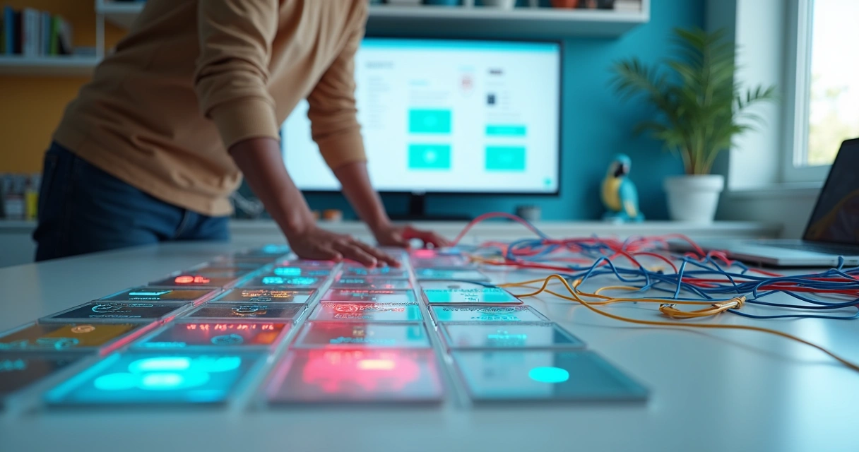 Desenvolvedor observa diversos cabos de dados misturados entre APIs e apps no-code em escritório colorido 