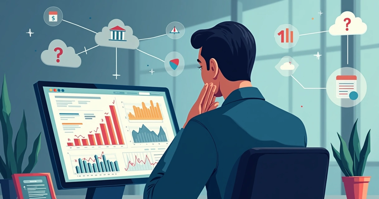 Homem preocupado olhando para tela, gráficos com erros e códigos 
