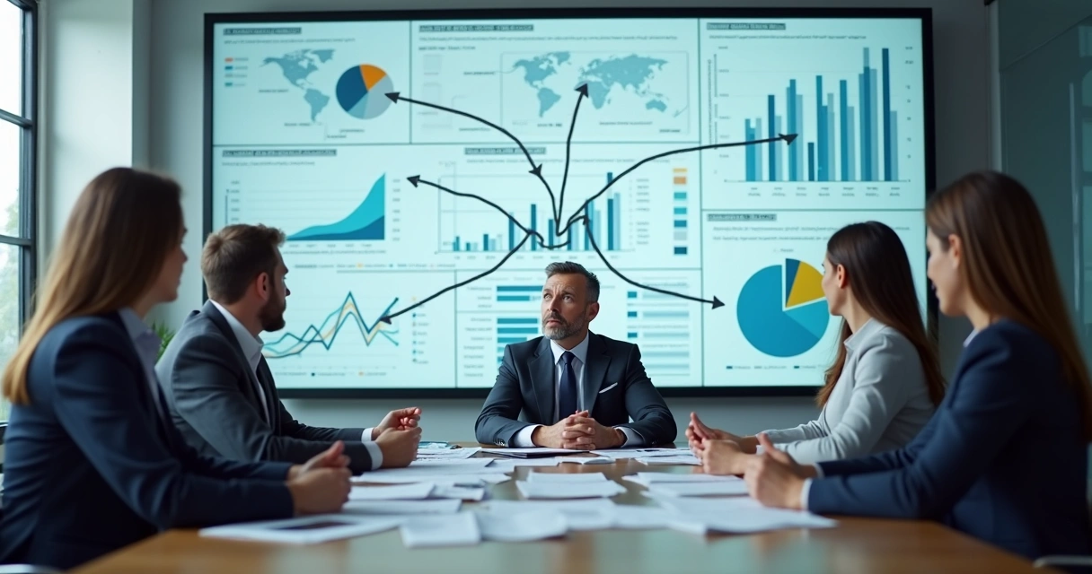 Equipe em uma sala olhando para uma grande tela digital cheia de sistemas desconectados, setas indo em direções diferentes e vários papéis na mesa 