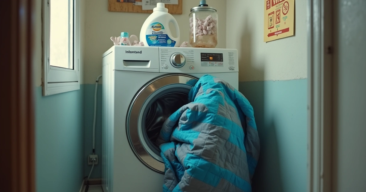 Edredom volumoso preso em máquina de lavar pequena transbordando de espuma 