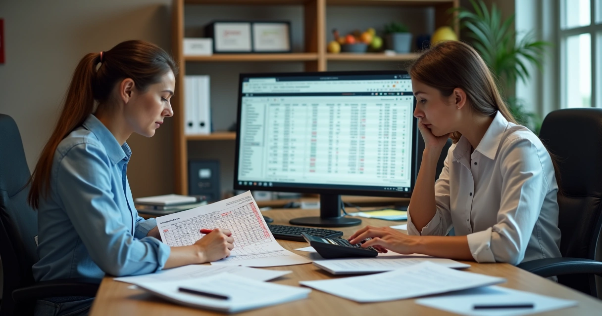 Contador revendo planilha impressa com marcações de erro vermelho 