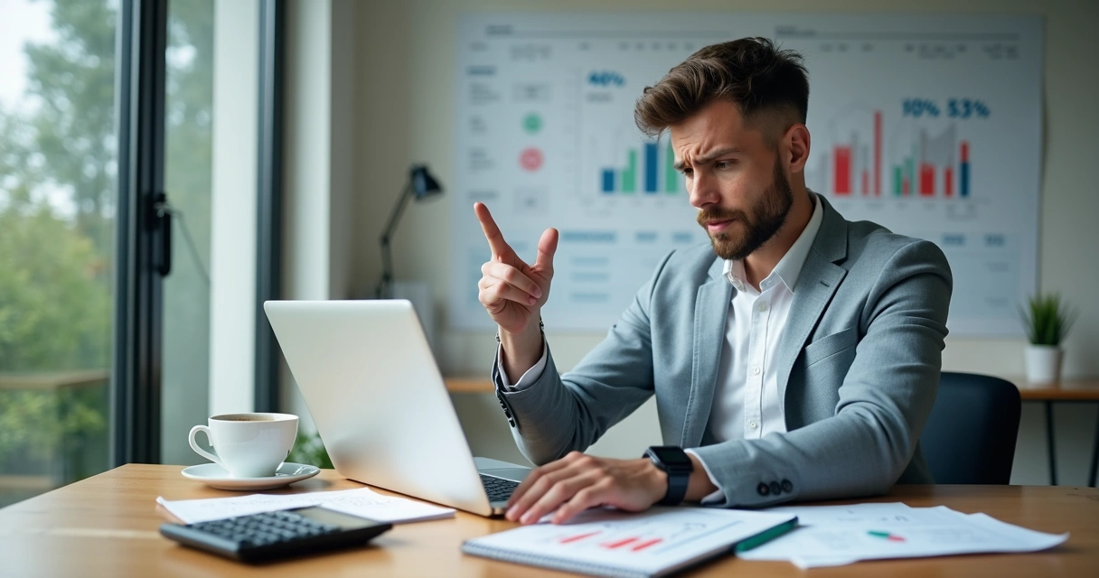 Empreendedor confuso analisando margens de lucro em planilha de finanças 