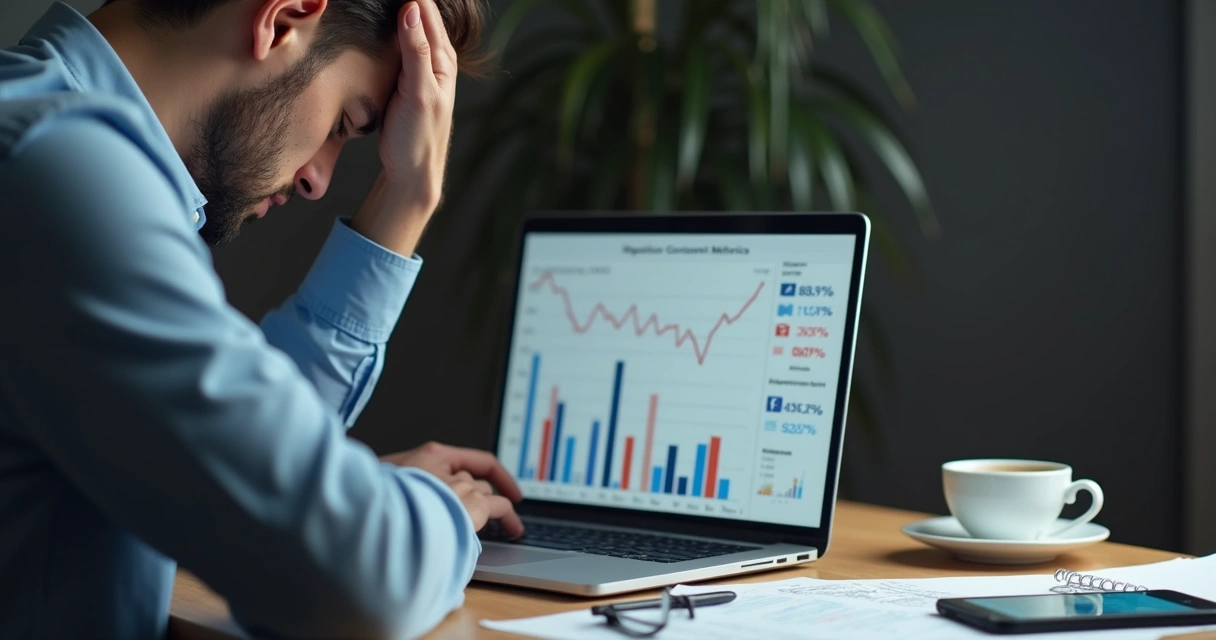 Profissional frustrado analisando métricas negativas de conteúdo B2B 