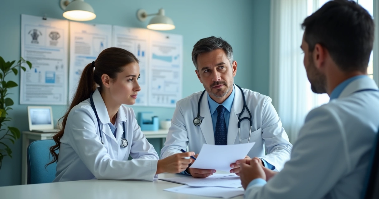 Médico e paciente em consulta médica com ambiente de hospital ao fundo 