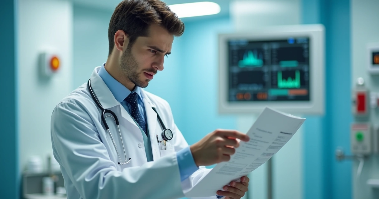 Jovem médico olhando ficha de paciente com expressão preocupada 