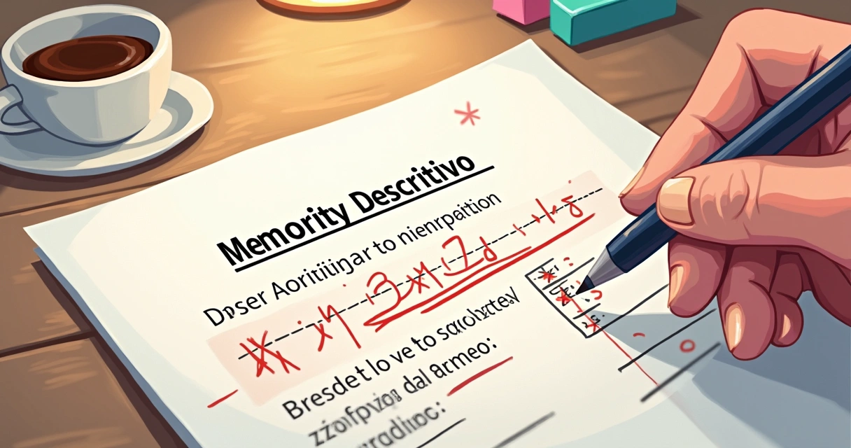 Documento de memorial rasurado com anotações de erro em vermelho 