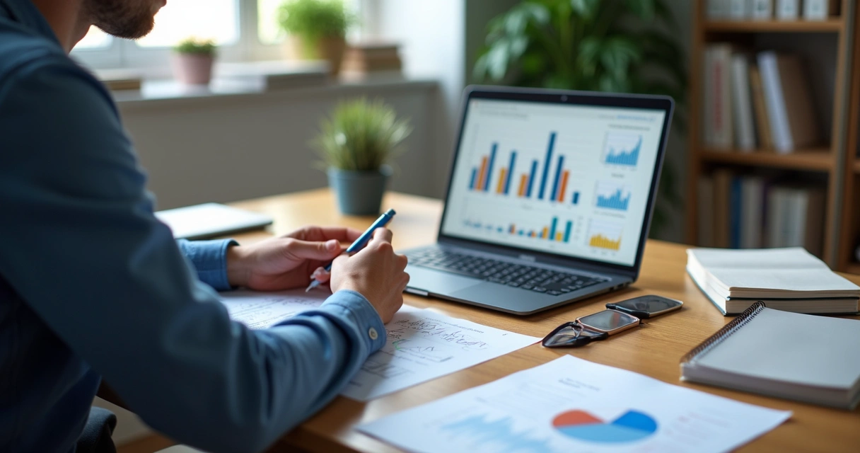 Psicólogo analisando gráficos estatísticos na mesa de trabalho 