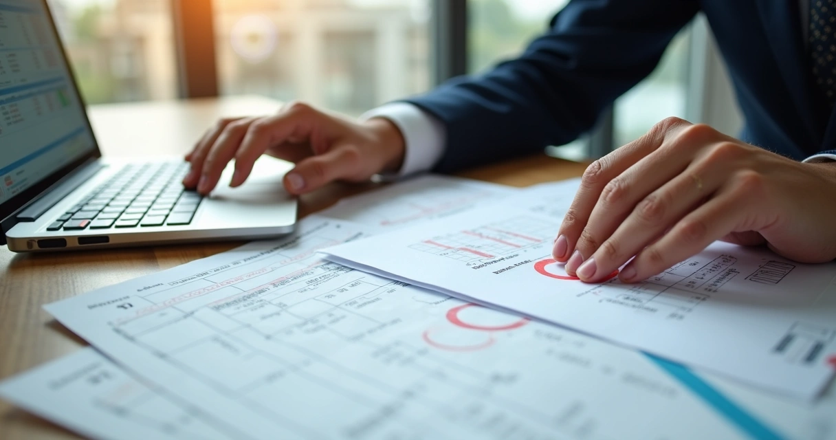 Erro na apuração de impostos com documentos fiscais sobre uma mesa 