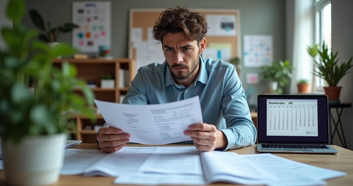 Pessoa revisando declaração de imposto de renda com preocupação
