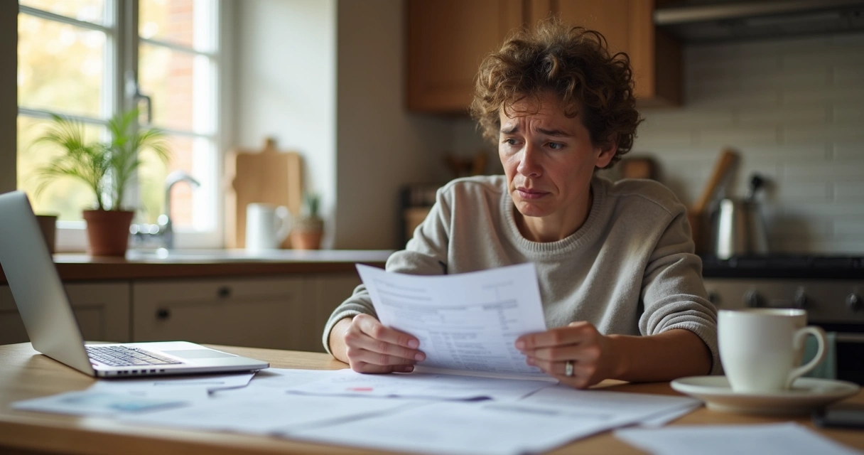 Pessoa analisando extrato bancário com expressão preocupada 