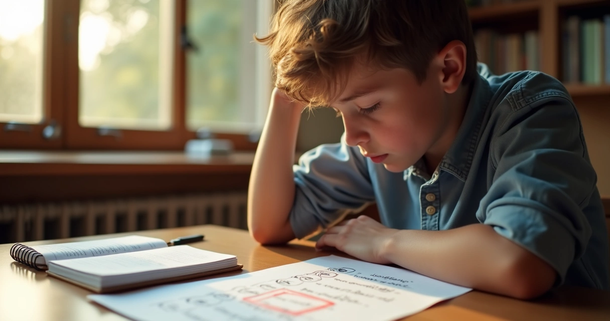 Estudante pensativo olhando folha com questões erradas 