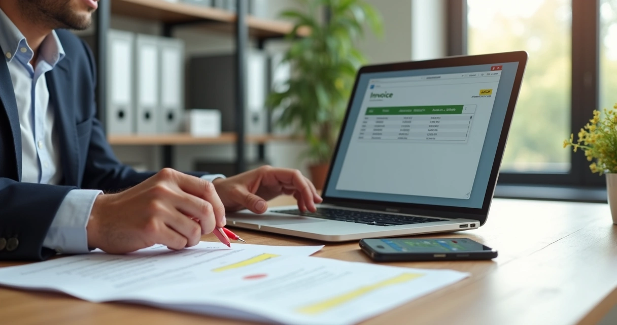 Contador corrigindo erro em nota fiscal no computador com documentos sobre a mesa 