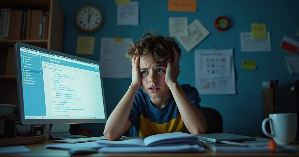 Estudante frustrado diante de arquivos digitais desorganizados 