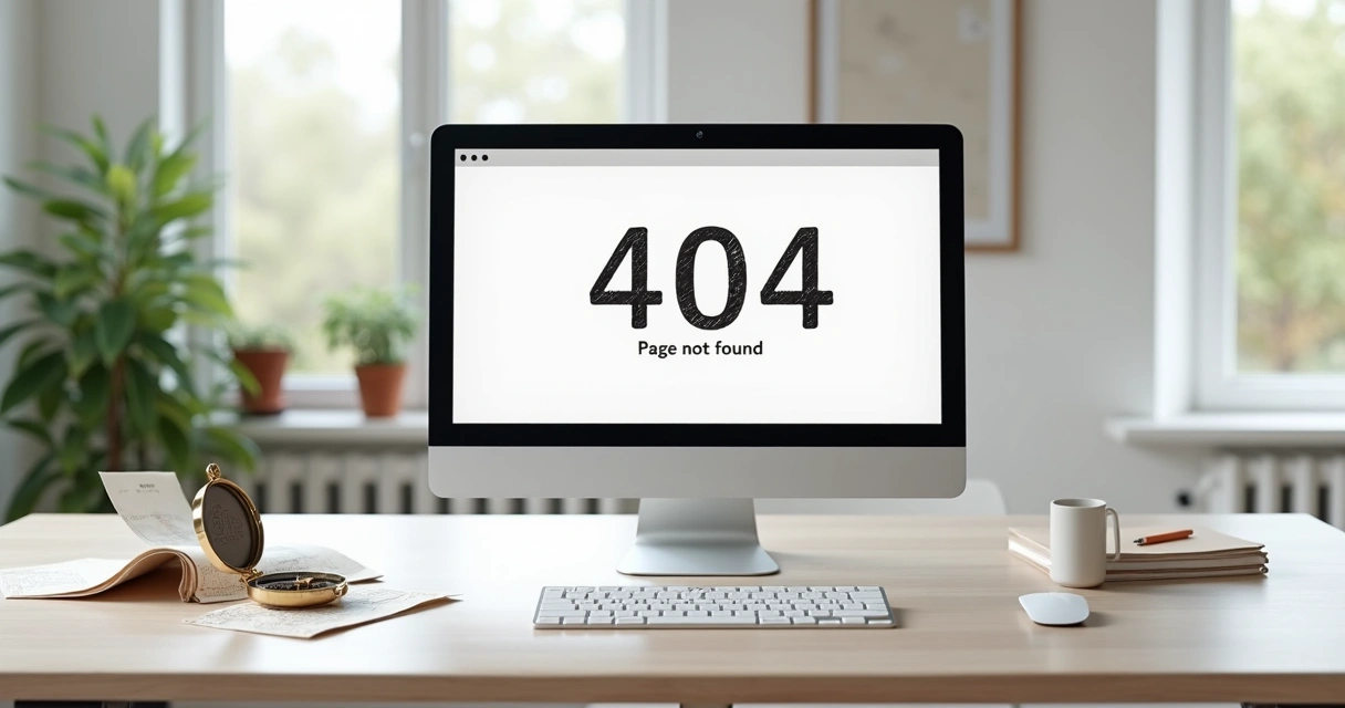 Tela de site com mensagem de erro 404 ao lado de bússola indicando retorno ao início 
