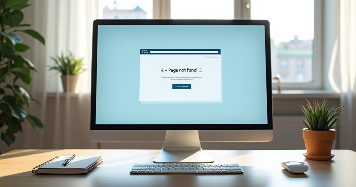 Tela de computador com navegador exibindo mensagem 404 página não encontrada em ambiente claro 
