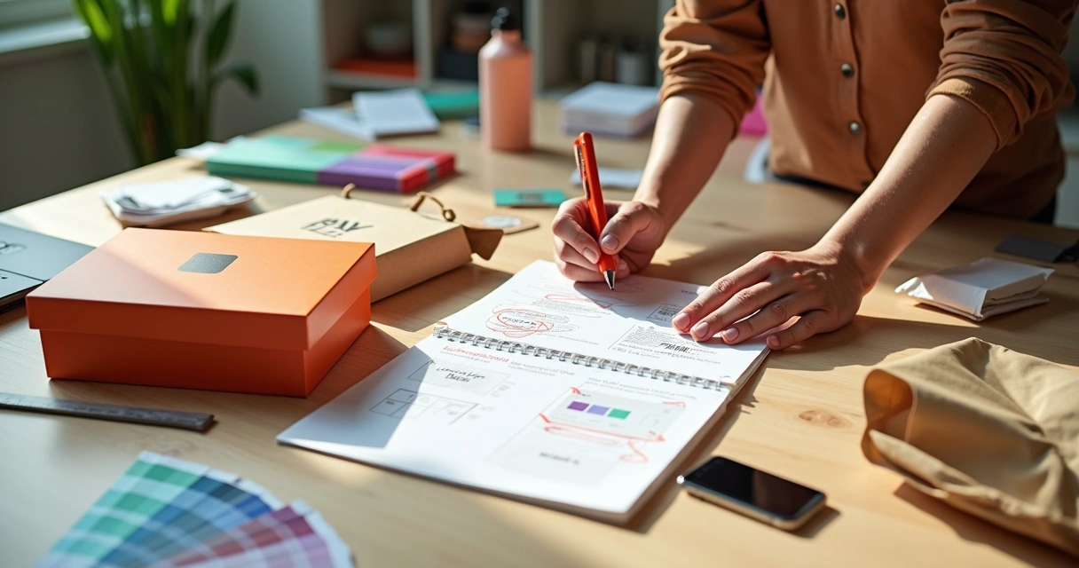 Designer revisando erros em embalagens personalizadas sobre a mesa 