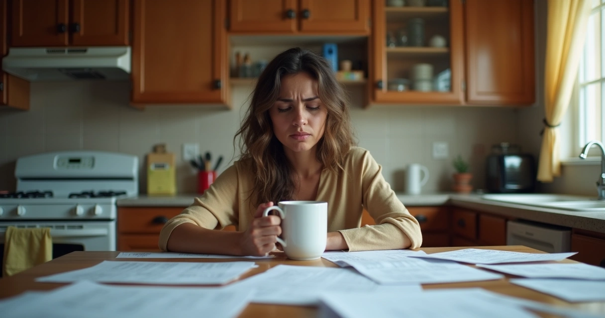 Mulher preocupada revisando papéis da mudança internacional