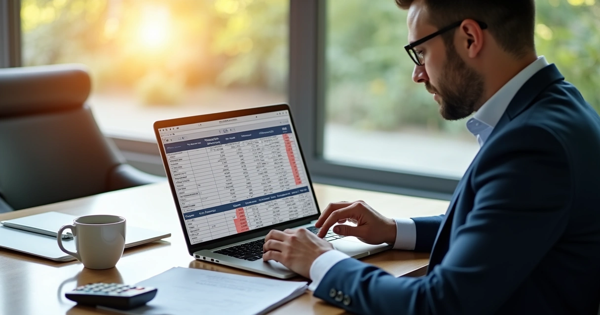 Consultor analisando planilha fiscal com expressão preocupada 