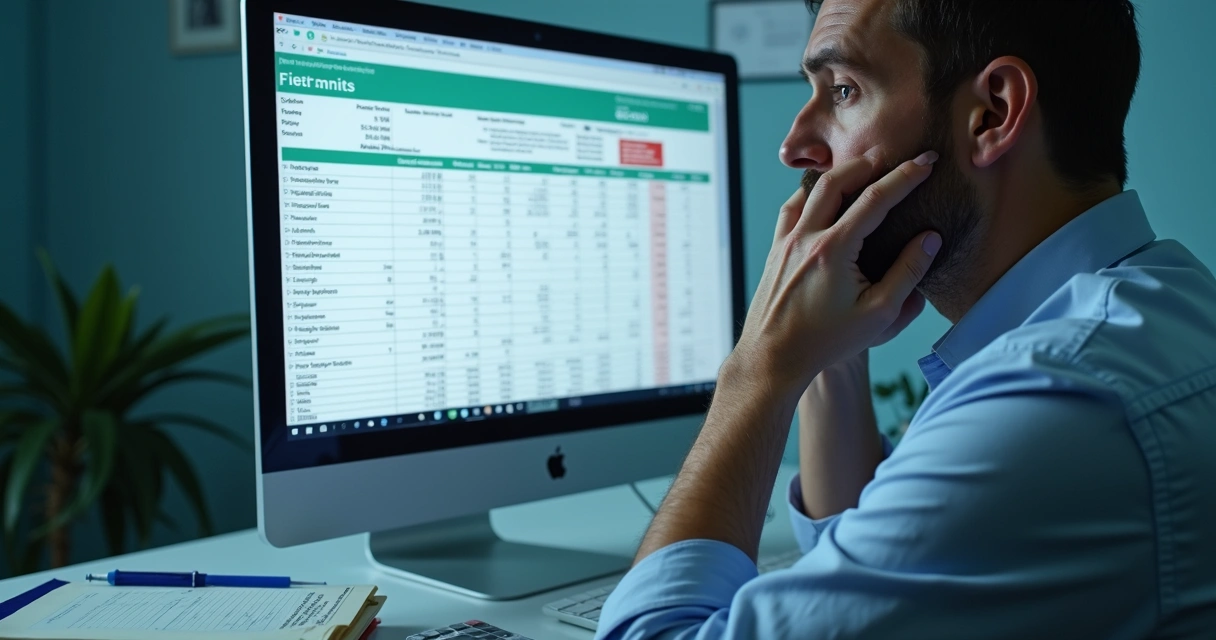 Pessoa preocupada olhando para planilha financeira com erro no computador, ambiente de consultório com objetos médicos 