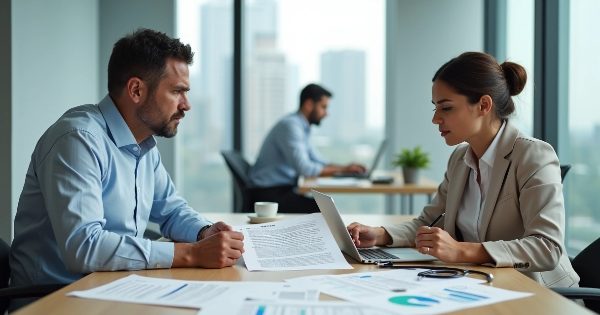 Gestor preocupado analisando contrato de plano de saúde empresarial com consultora 