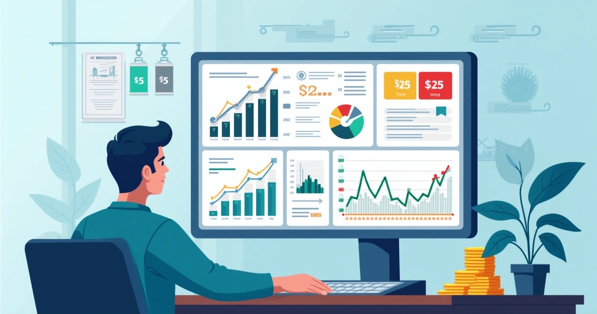 Representação ilustrativa de vendedor analisando preços em computador, gráficos de preços e cálculos de margem na tela 