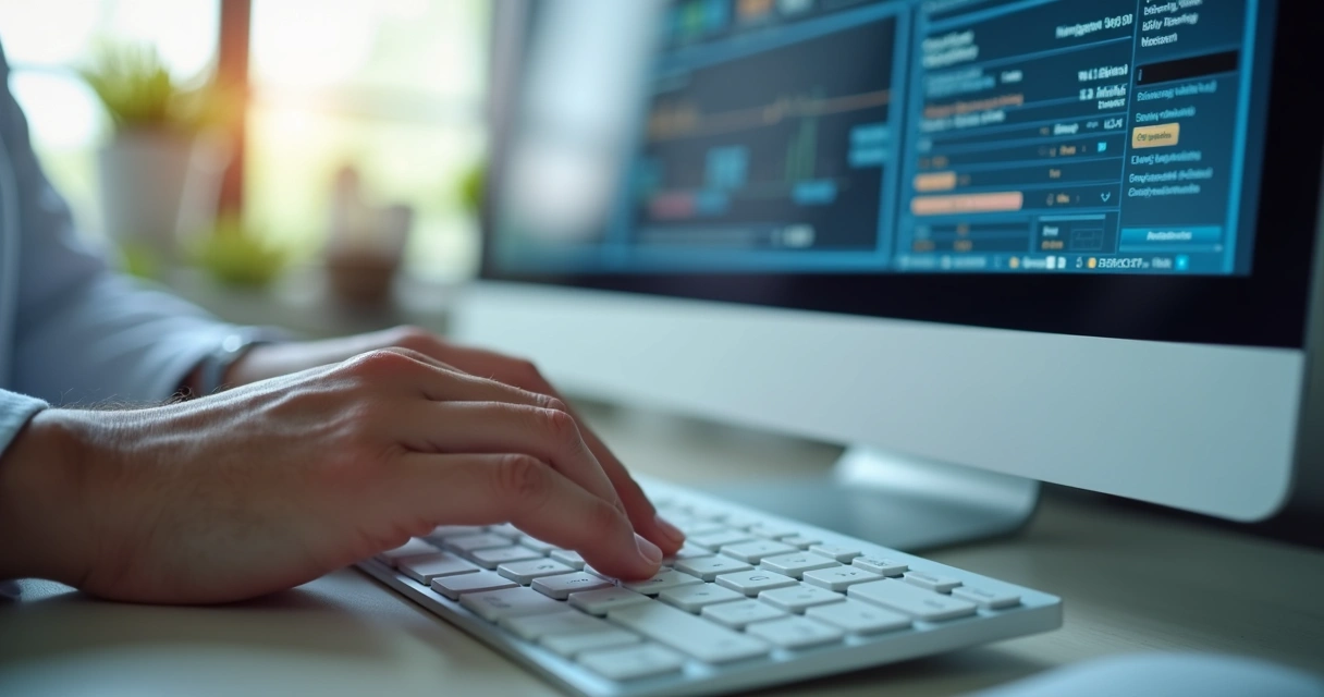 Mãos digitando em teclado com tela de prontuário eletrônico ao fundo 