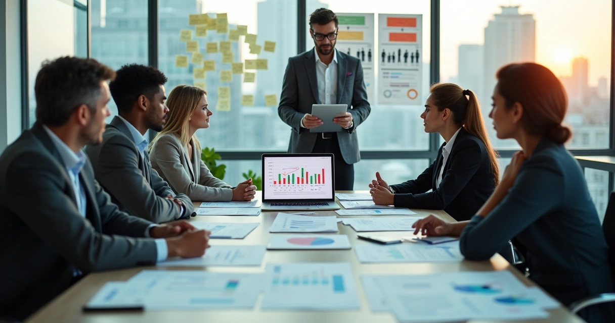 Equipe em reunião tensa com psicóloga organizacional mostrando gráficos em um escritório moderno 