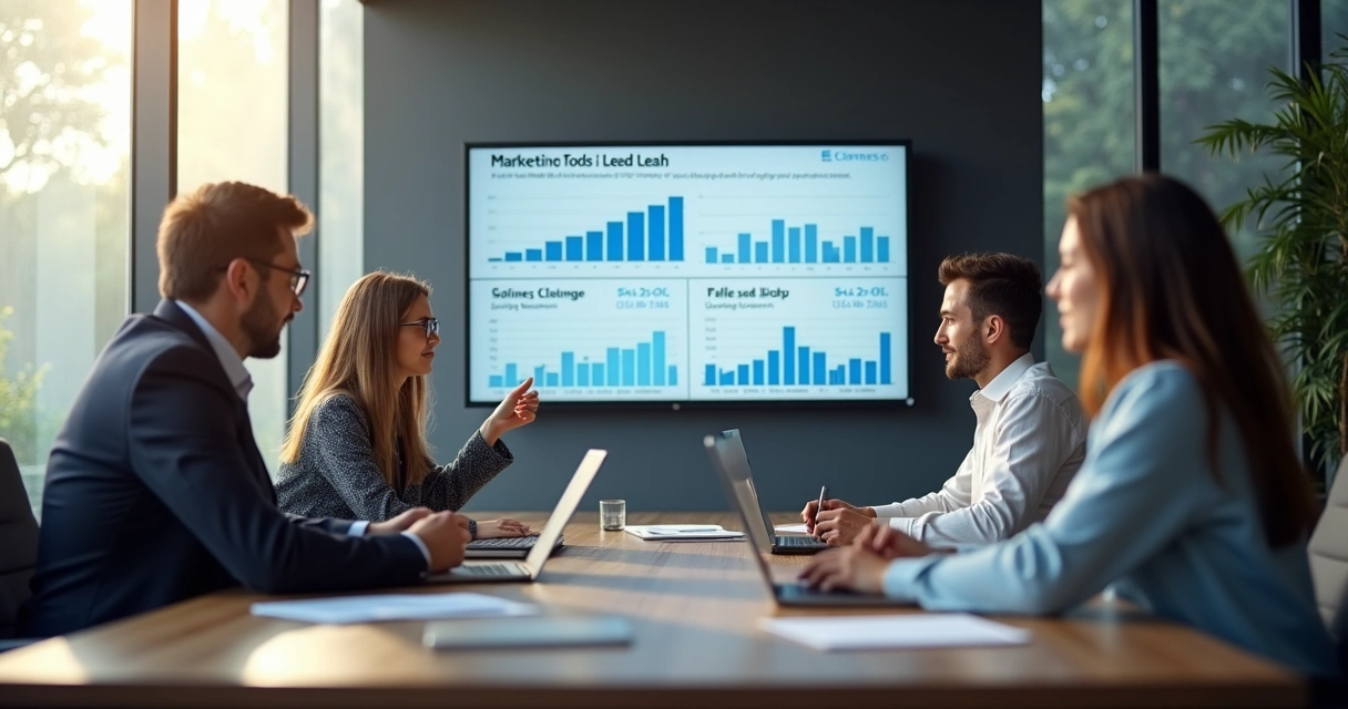 Equipe de marketing e vendas olhando gráficos de leads em uma tela grande 