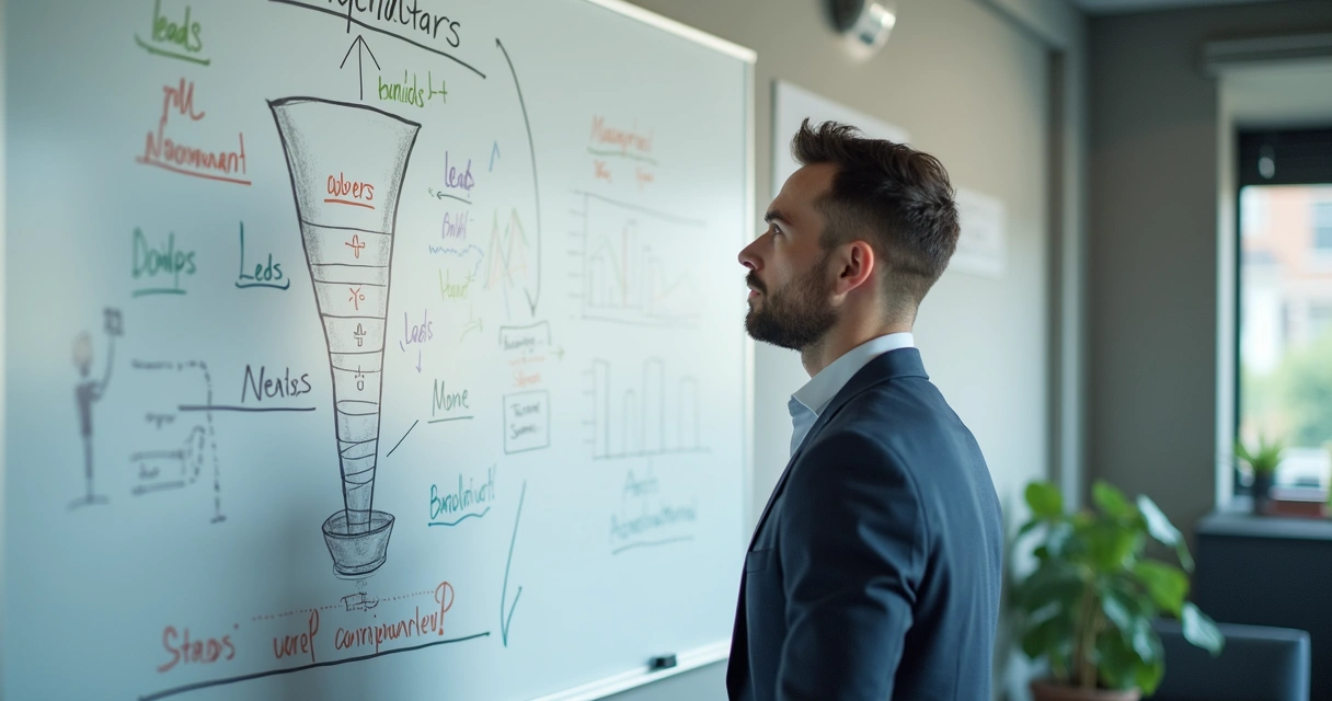 Executivo confuso diante de funil de vendas desenhado em quadro branco 