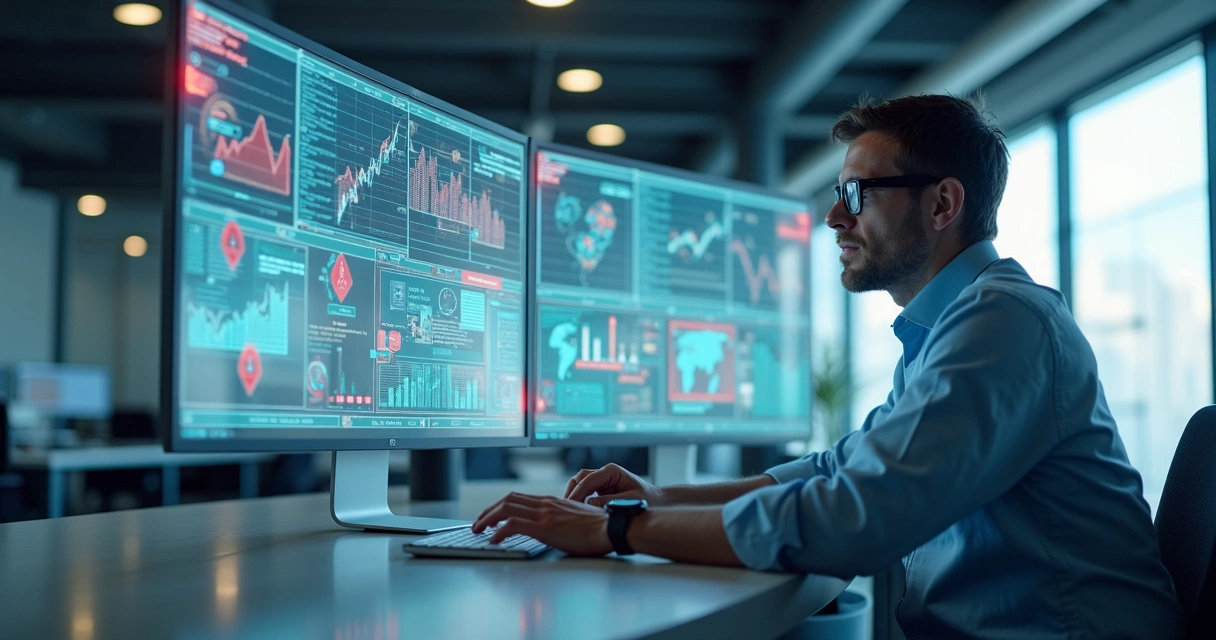 Profissional analisando dados de leads em tela com gráficos e ícones de alerta vermelho 