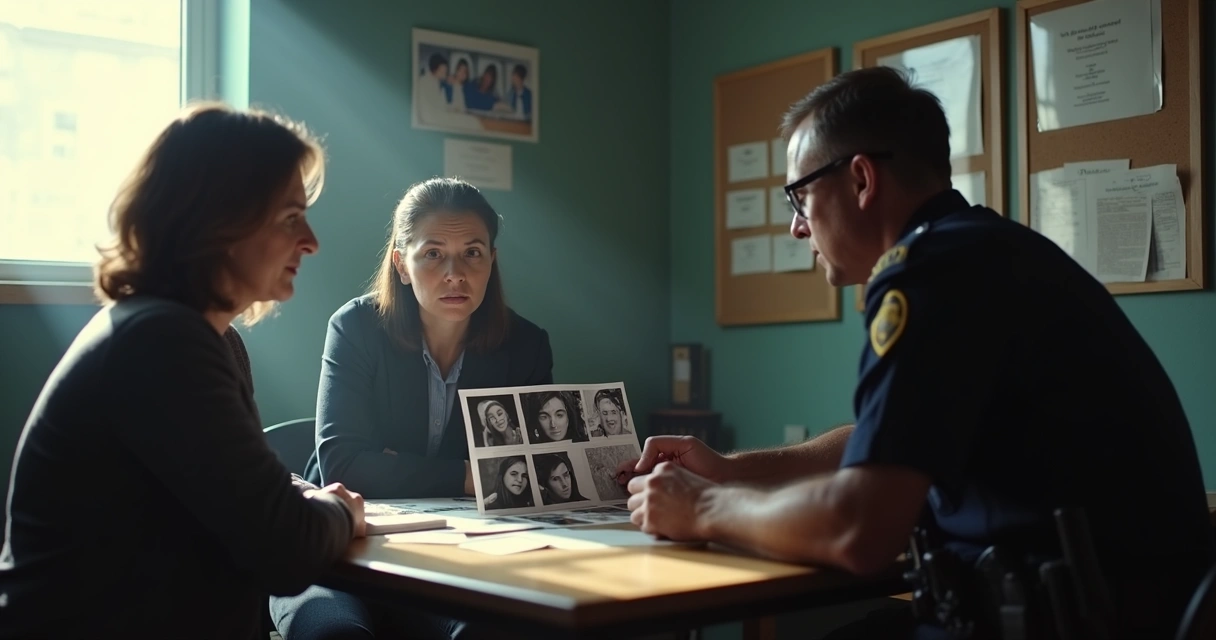 Policial e vítima durante reconhecimento de suspeito em sala policial 