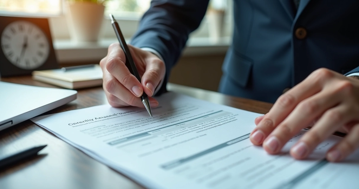 Pessoa analisando documentos de licitação em uma mesa de escritório 