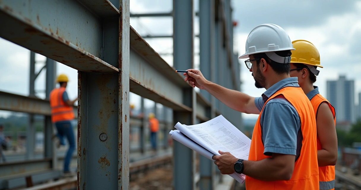 Engenheiro apontando falhas em estrutura metálica durante reforma 