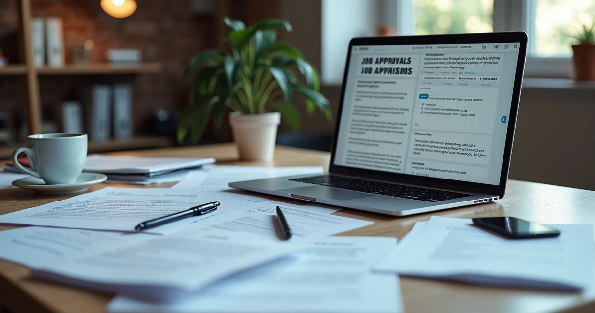 Mesa de escritório com documentos espalhados, notebook mostrando feedbacks conflitantes, canetas e café 