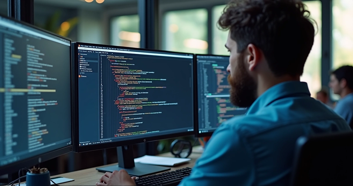 Desenvolvedor analisando robots.txt em tela de computador com alerta de erro destacado. 