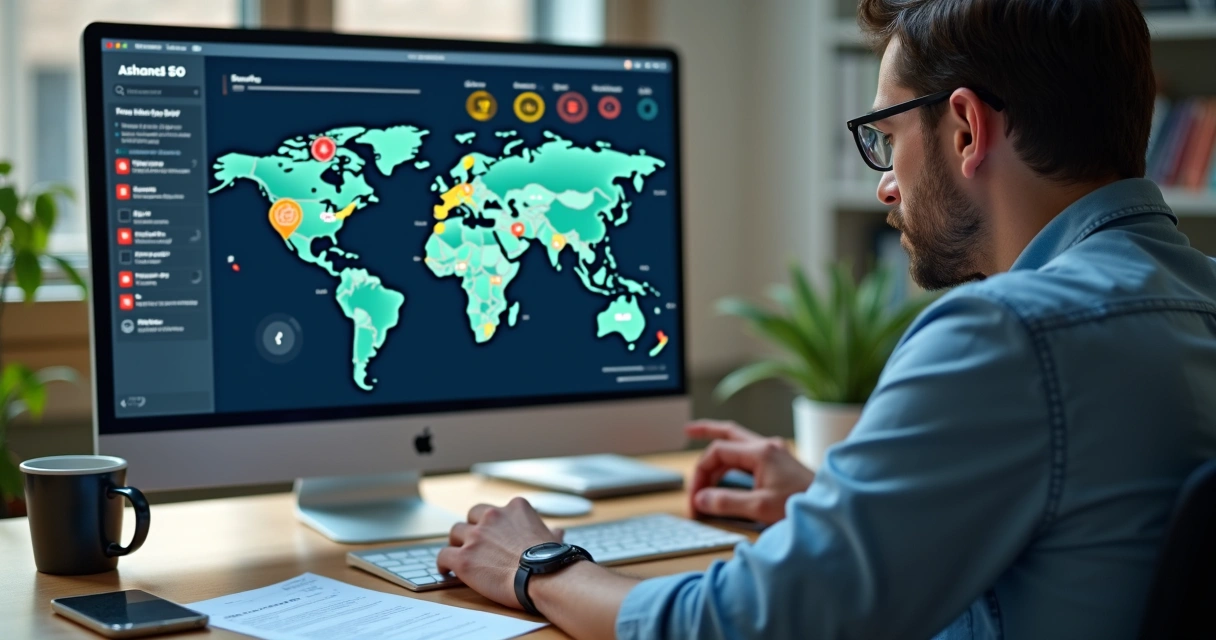 Profissional revisando site com erros de SEO destacados em um mapa visual.