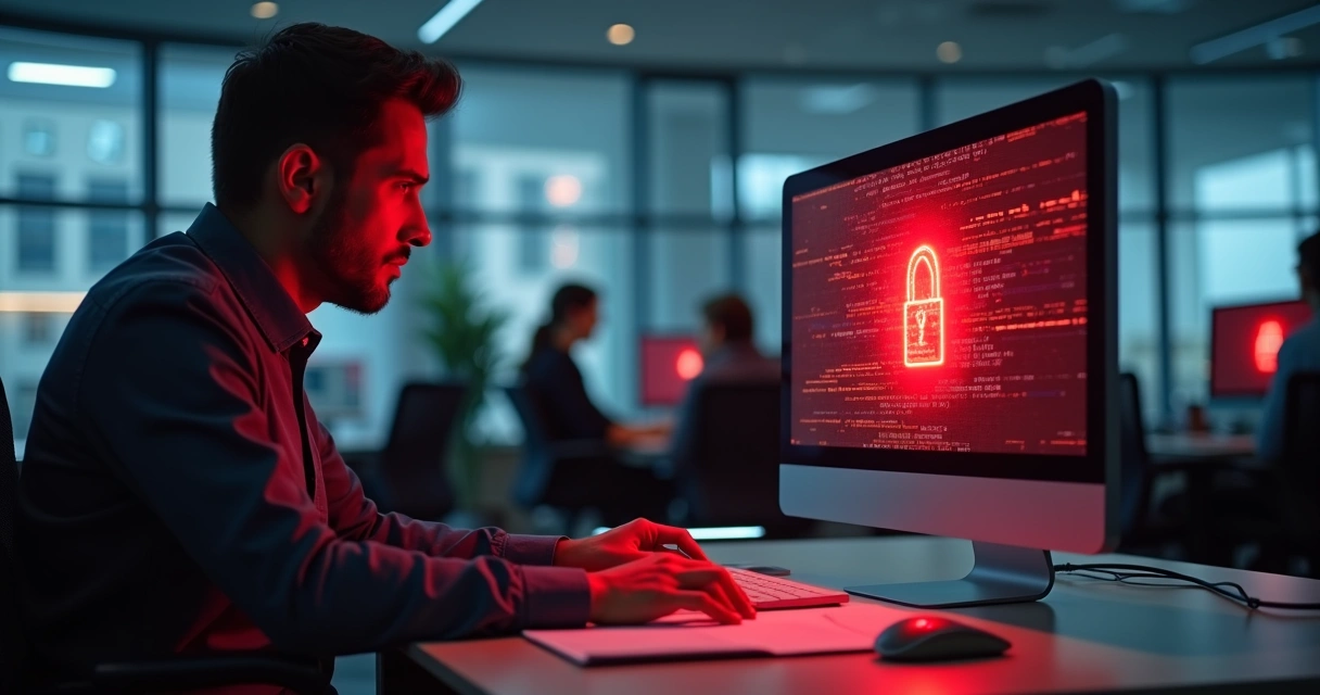 Funcionário preocupado olhando para tela de computador com aviso de erro de segurança 