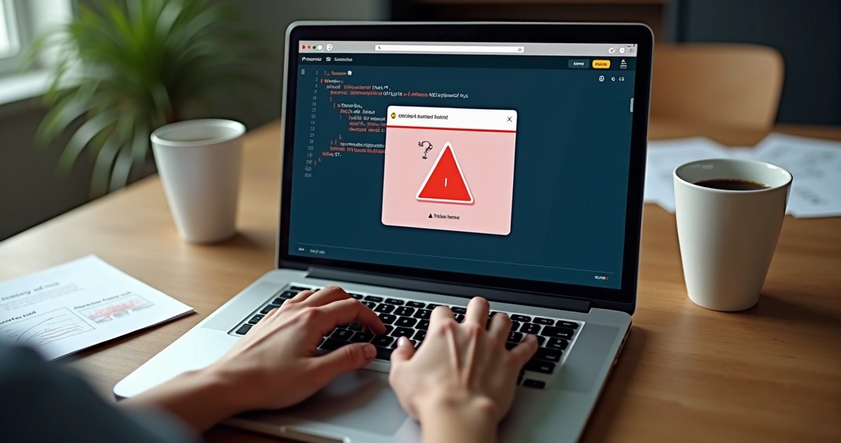Website com erro de exibição e código quebrado com alerta em vermelho. 