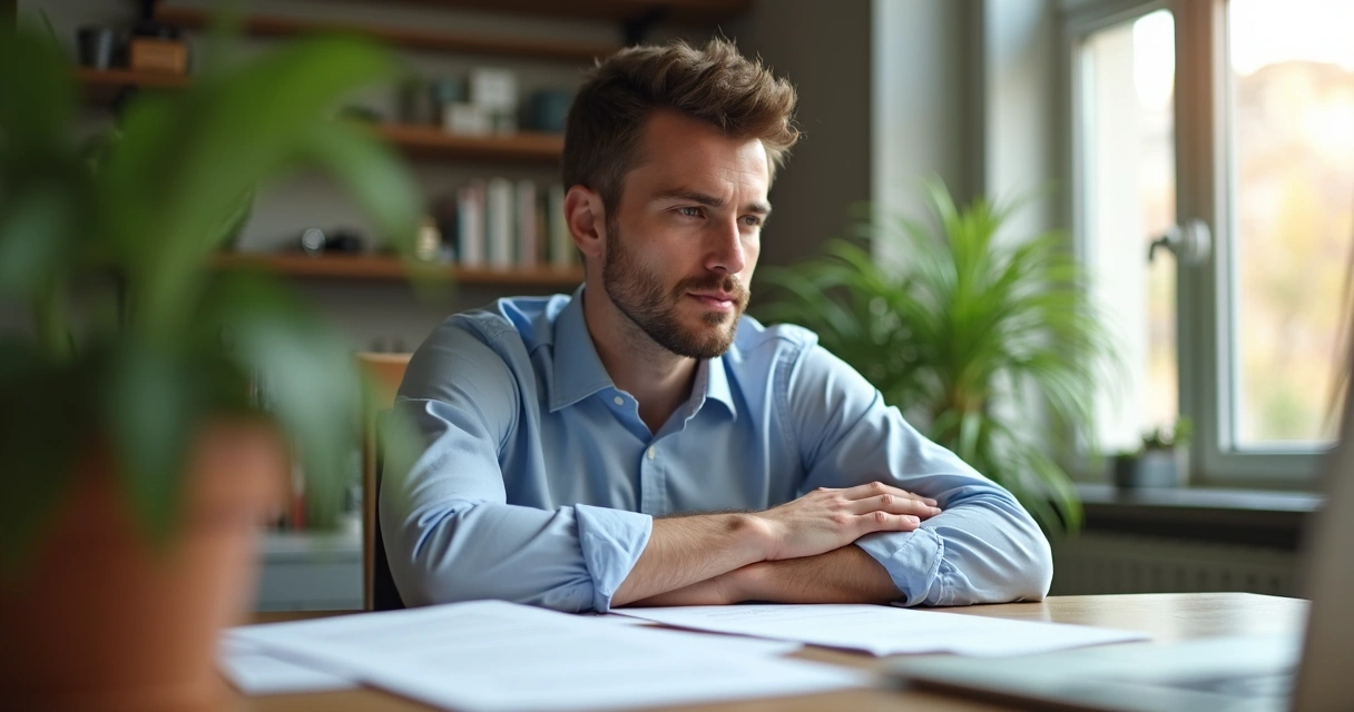 Colaborador profissional refletindo sobre erro aprendido no trabalho 