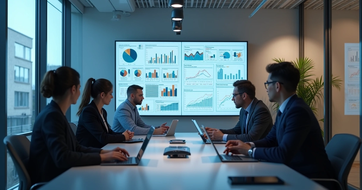 Pessoas em reunião analisando gráficos de transformação digital em sala moderna 