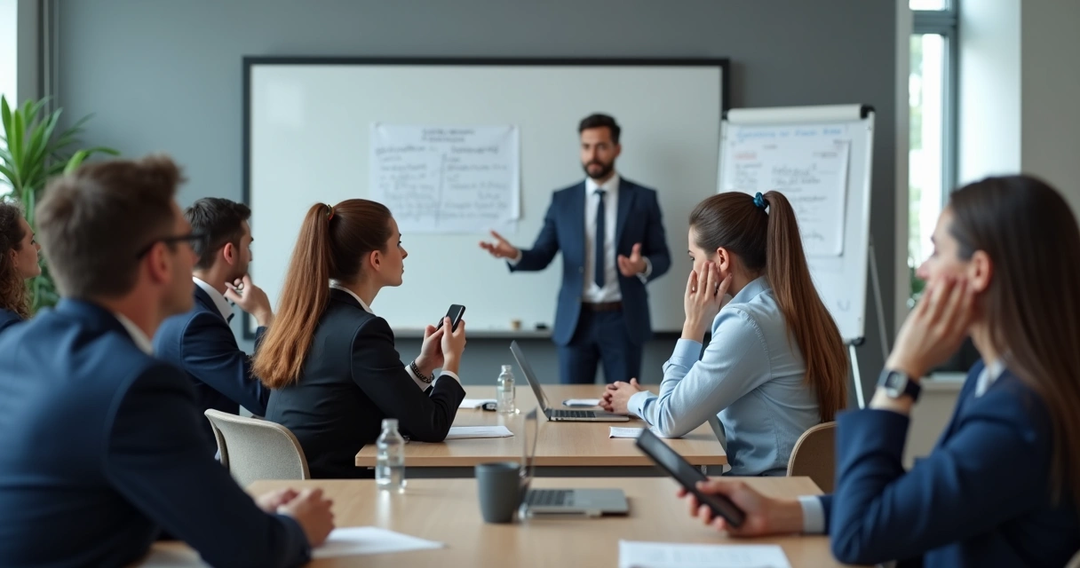 Equipe de colaboradores entediados em sala de treinamento corporativo