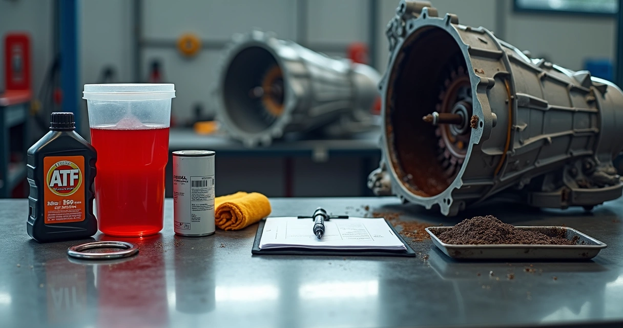 Mesa de oficina com peças de câmbio, frascos de fluido e rótulos ATF destacados 