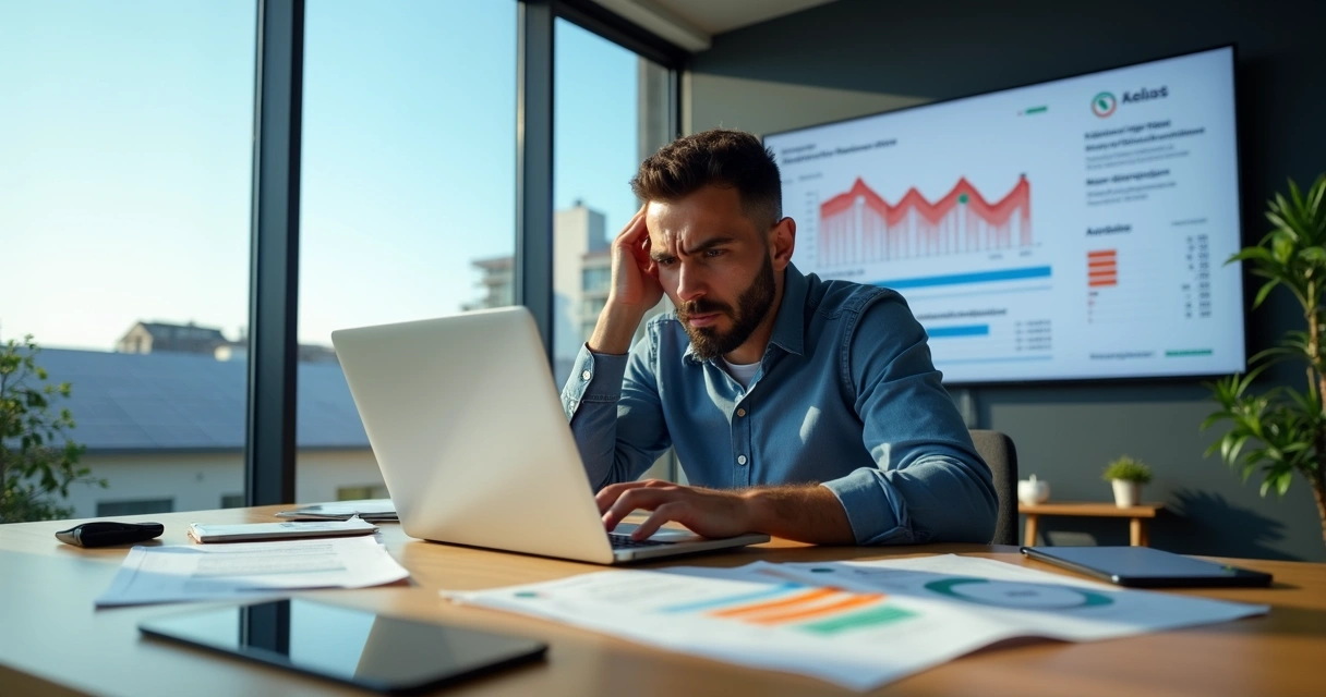 Gestor de energia solar preocupado analisando gráficos de vendas em queda 