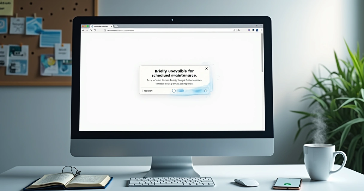 Tela de computador exibindo erro no painel WordPress com destaque para tela branca e modo de manutenção 