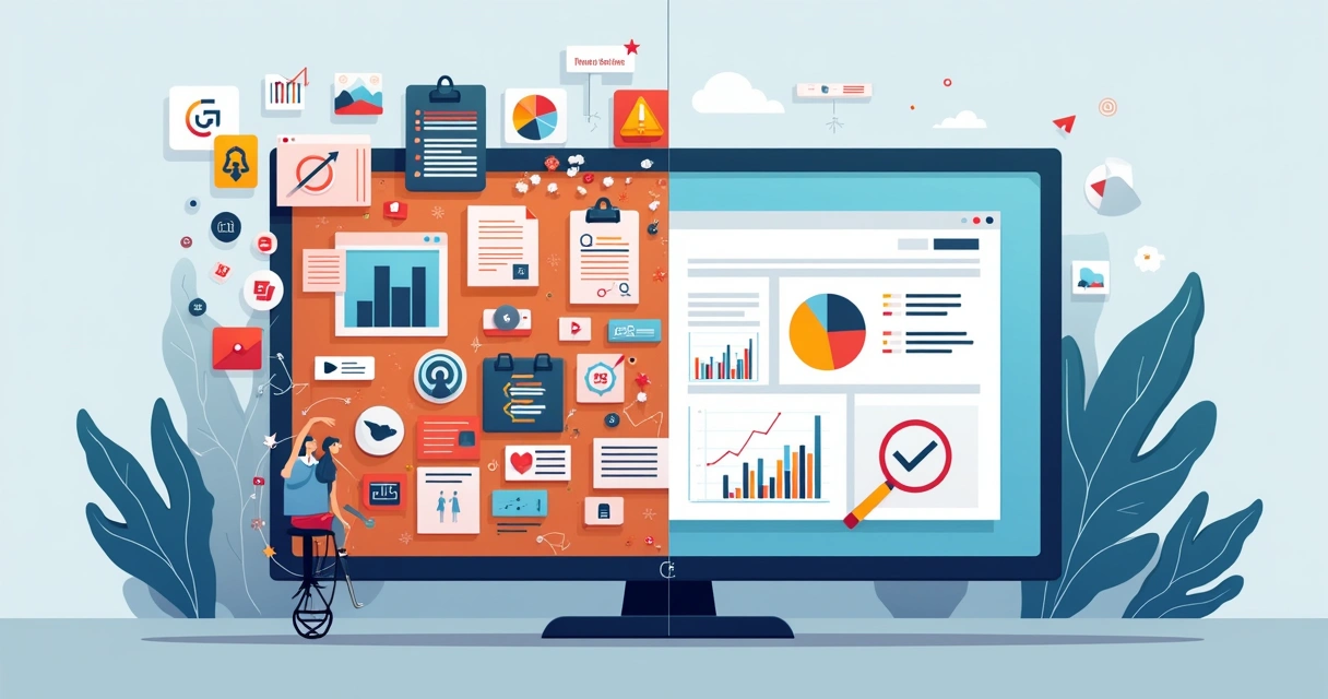 Tela dividida mostra CRM cheio de botões e outra metade com layout simples e limpo 