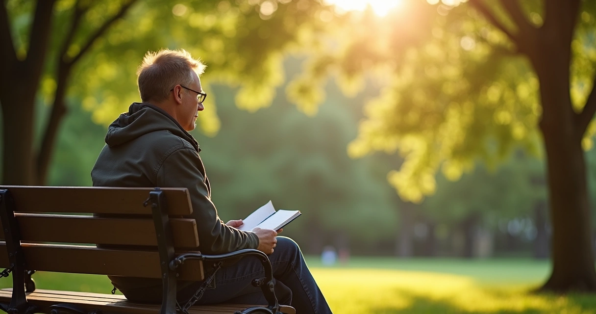 Persona reflexionando sentada en un banco, con un cuaderno, mirando el horizonte, rodeada de árboles verdes