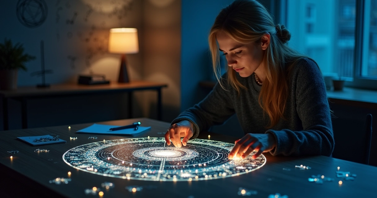 Mujer ordenando piezas de un rompecabezas luminoso sobre mesa oscura 