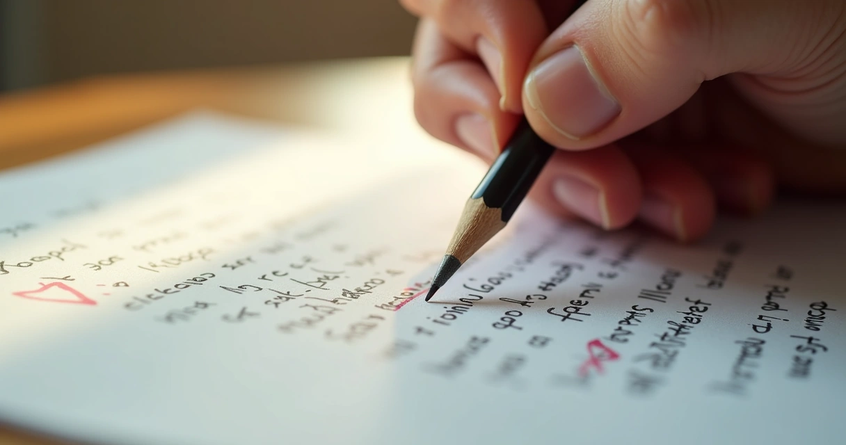Mano escribiendo en una hoja con tachones y anotaciones, lápiz en primer plano 